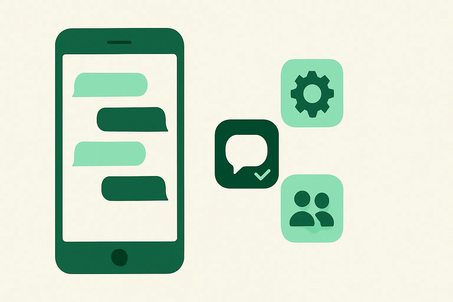 Illustration: a smartphone showing an automated conversation with three small competing app badges beside it, one chosen