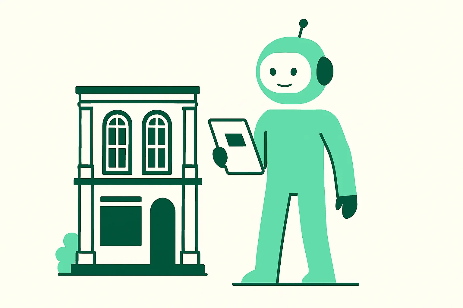 Illustration: a friendly humanoid AI assistant standing beside a small Singapore shophouse handling tasks, business setting