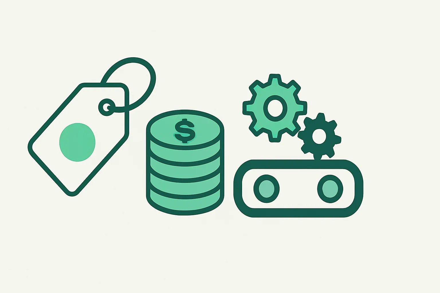 Illustration: a price tag and a stack of coins beside a small automated conveyor of gears, representing automation cost