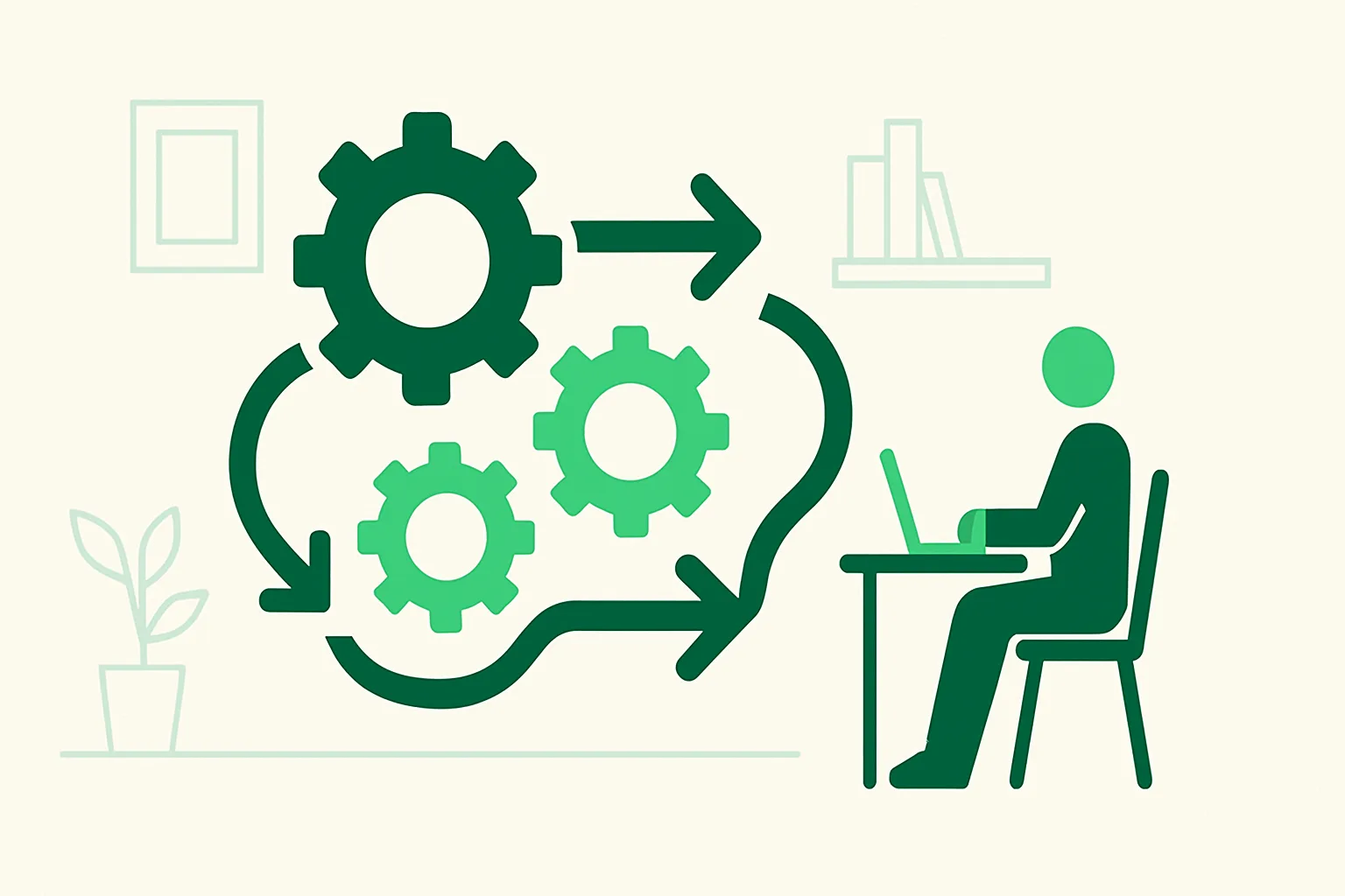 Illustration: interconnected gears and workflow arrows forming a smooth pipeline in an office setting