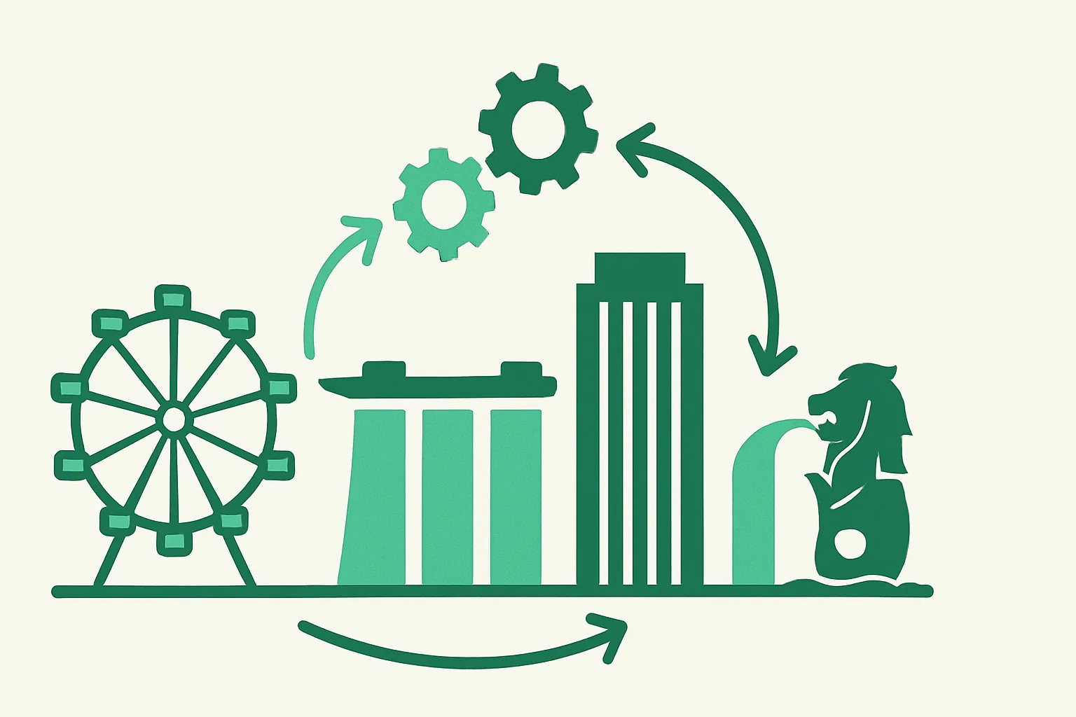 Illustration: a small Singapore skyline with automation gears and workflow arrows flowing between buildings