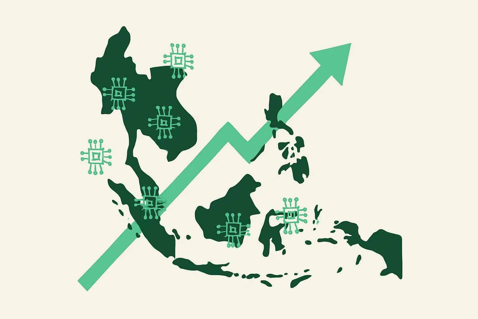 Illustration: a stylized Southeast Asia map outline with rising trend arrows and small AI nodes across the region