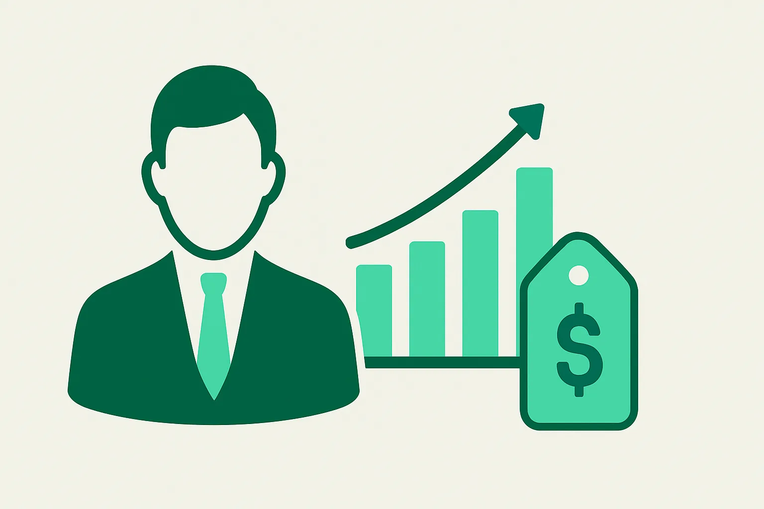 Illustration: a consultant figure beside a rising bar chart and a price tag, representing AI consulting cost