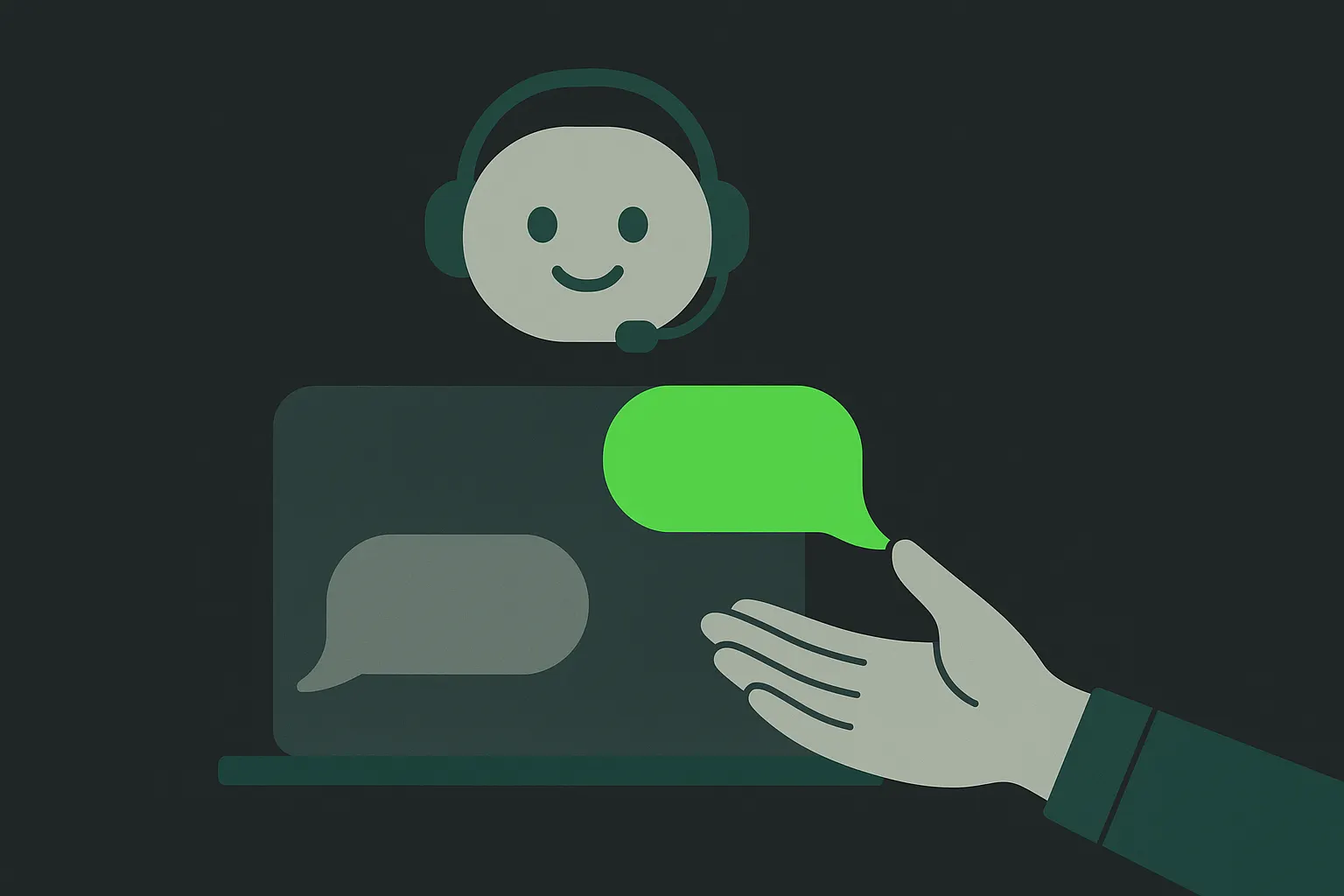 Flat illustration of an AI customer service agent resolving a queue of routine chat messages while a human agent handles the one escalated call