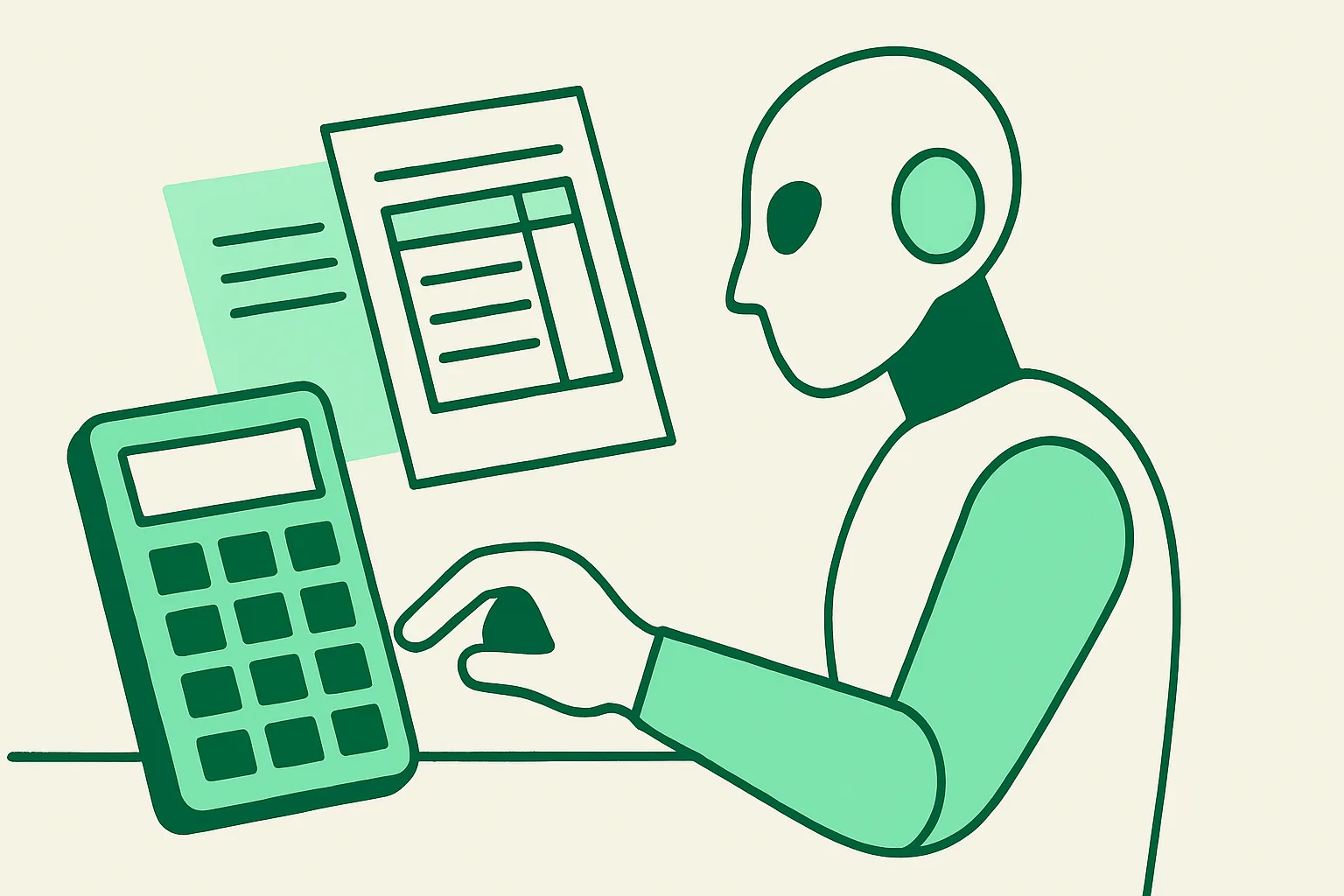 Illustration: a calculator and ledger pages being processed by an AI assistant in an accounting office