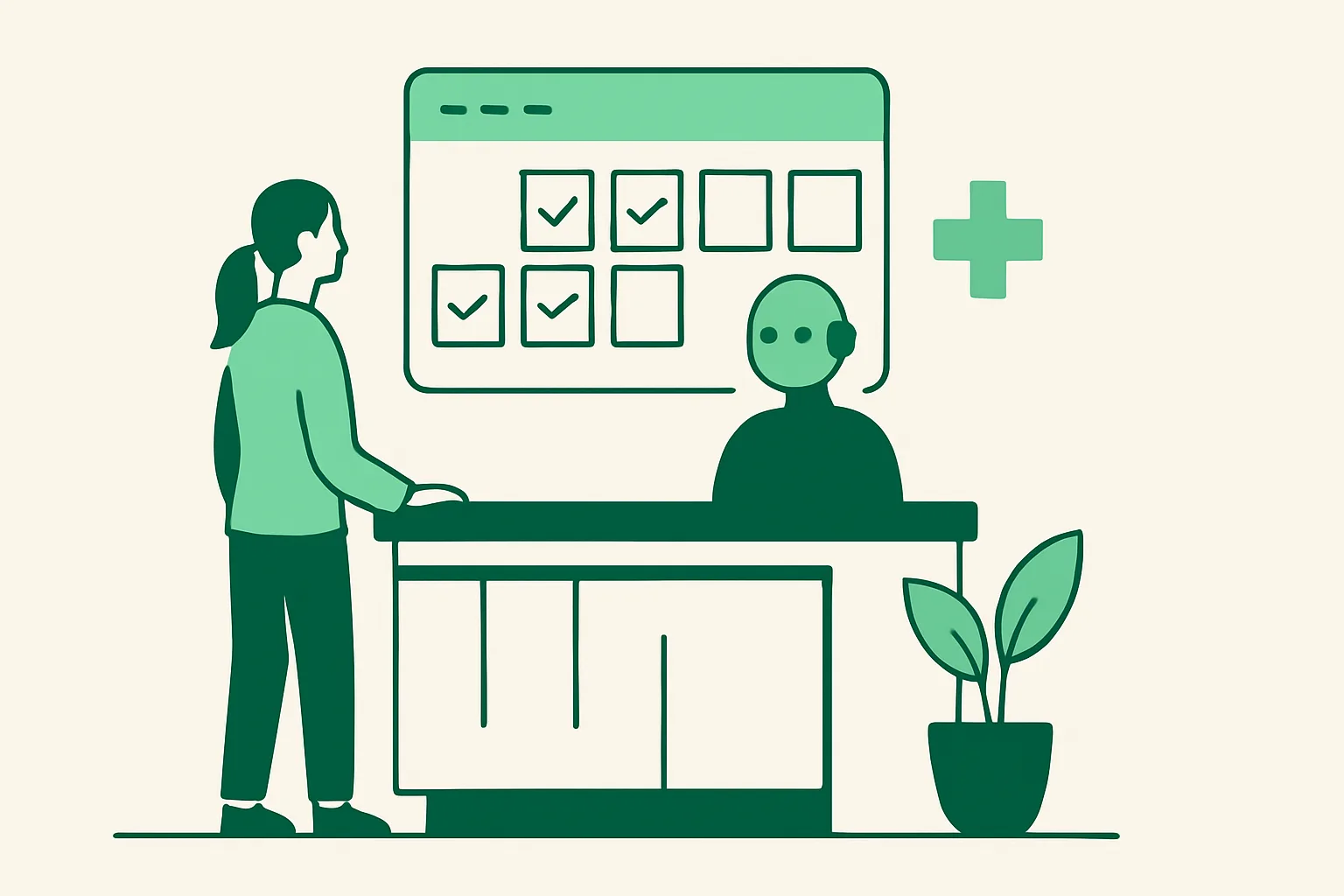 Illustration: a medical clinic reception desk with an AI assistant managing an appointment calendar, healthcare theme