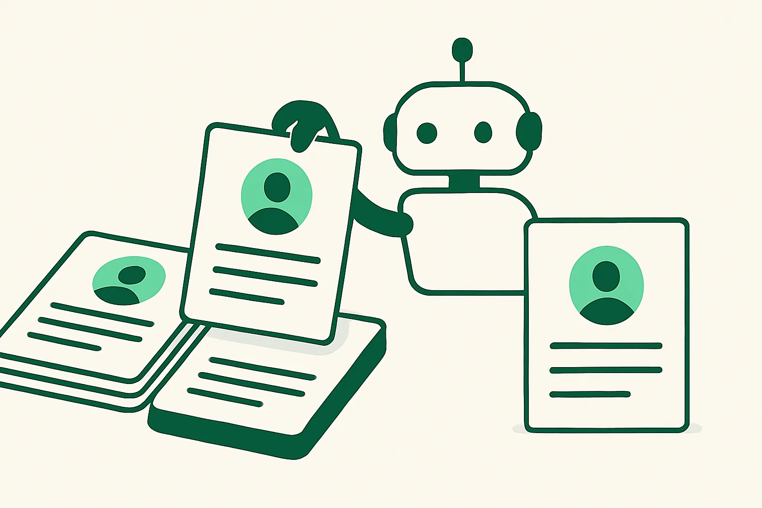 Illustration: stacked resume documents being sorted by an AI assistant into shortlisted piles, recruitment theme