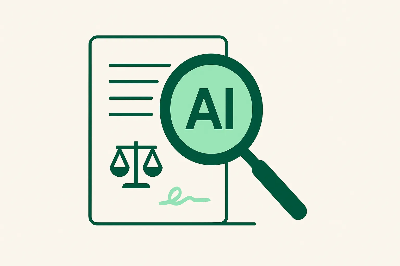 Illustration: a legal contract document with an AI magnifier reviewing clauses, law firm theme