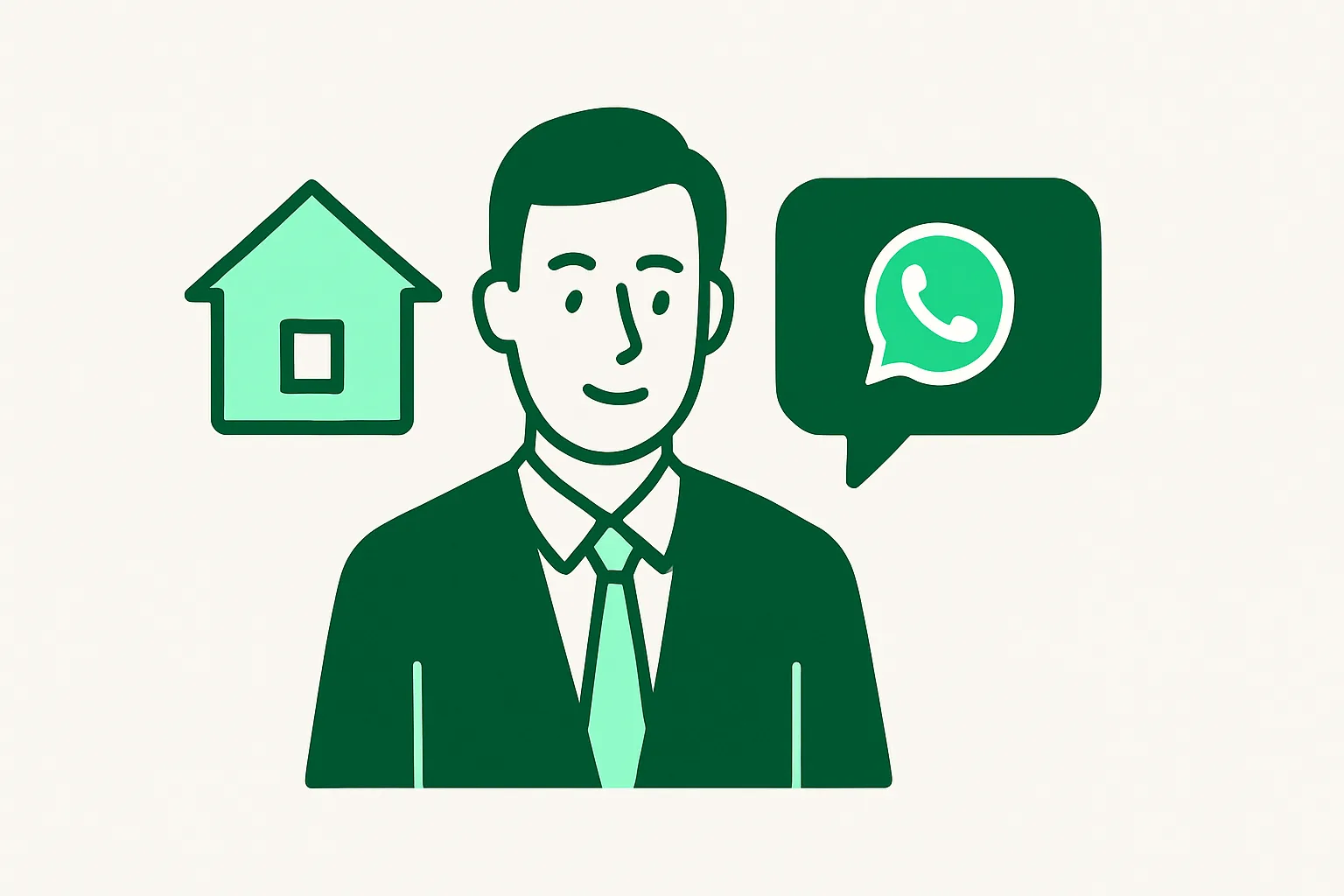 Illustration: a property agent figure with a house icon and an automated WhatsApp reply bubble qualifying a lead