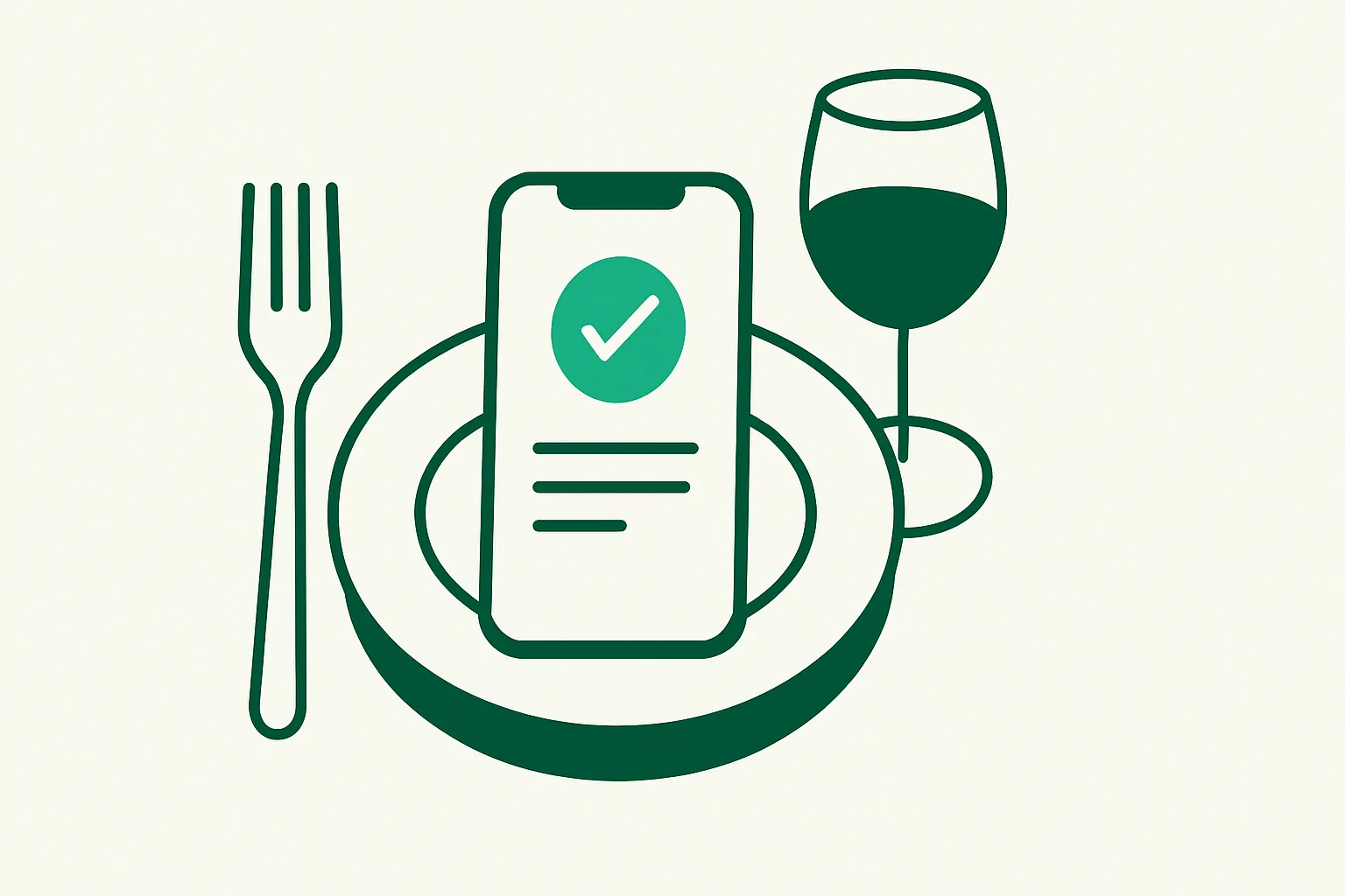 Illustration: a restaurant table with a phone showing an automated booking confirmation, dining and no-shows theme