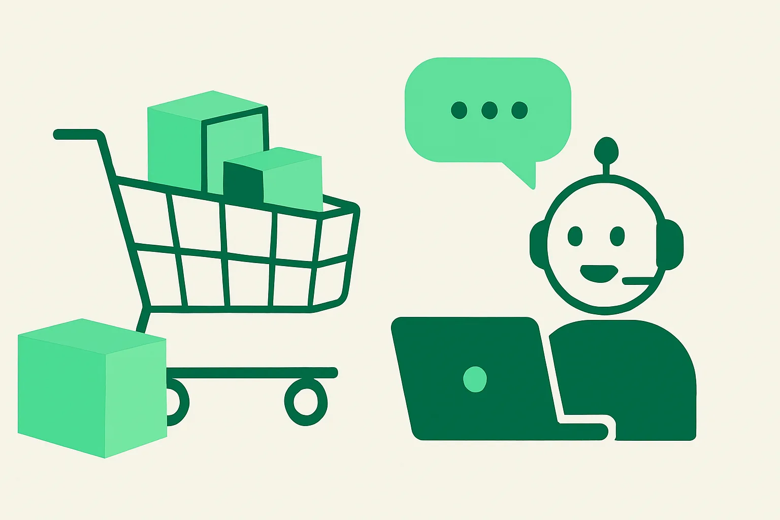 Illustration: a shopping cart and product boxes with an AI assistant answering a customer chat, ecommerce theme