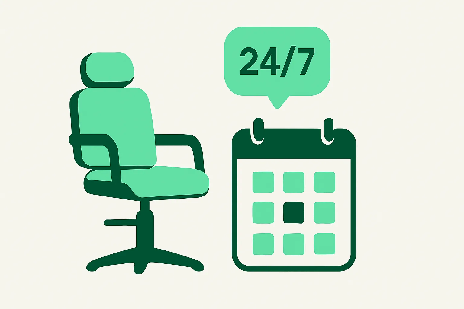 Illustration: a salon chair and appointment calendar with a 24/7 automated booking bubble, beauty and wellness theme