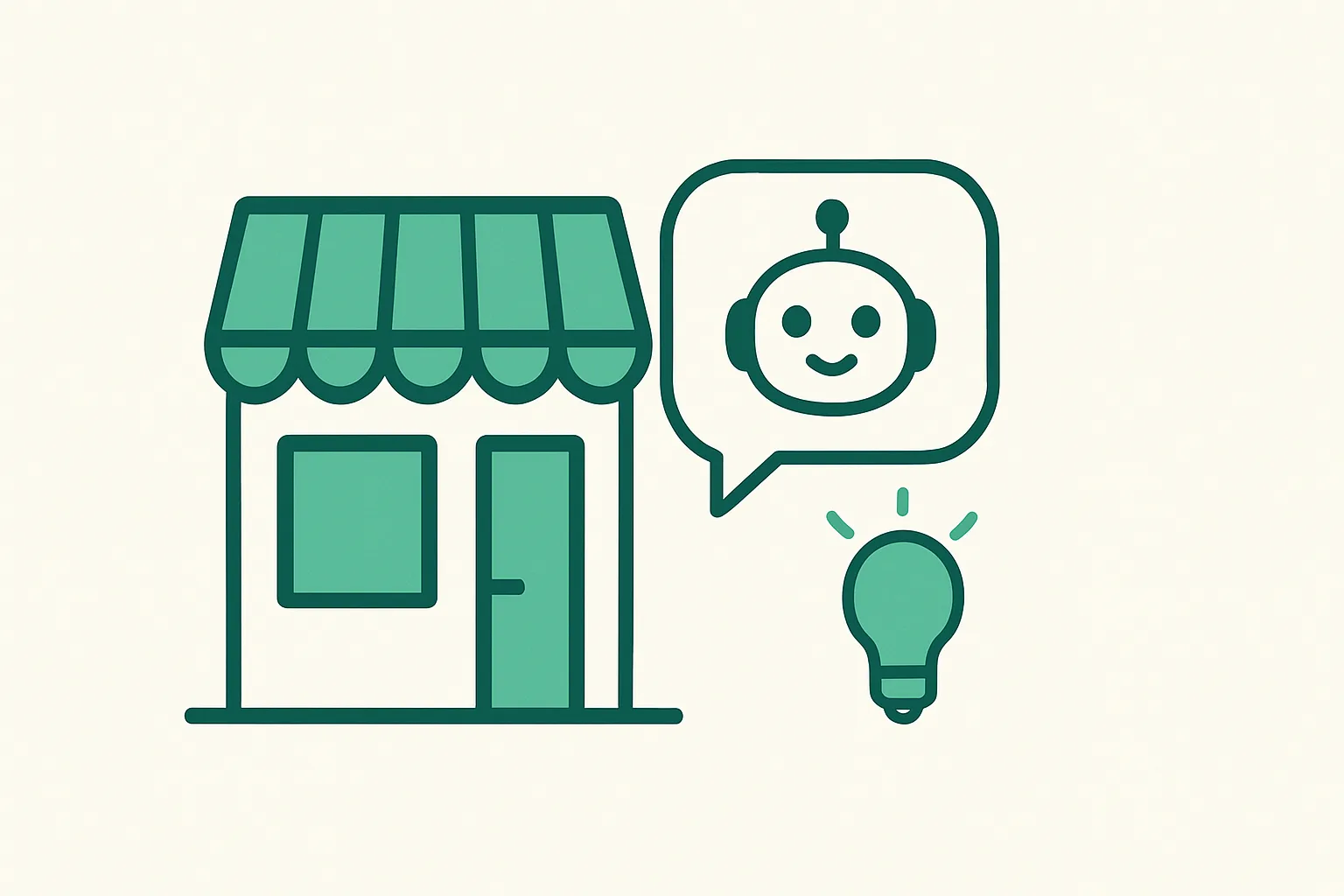 Illustration: a small shop storefront with a friendly AI helper icon and a lightbulb, small business getting started theme
