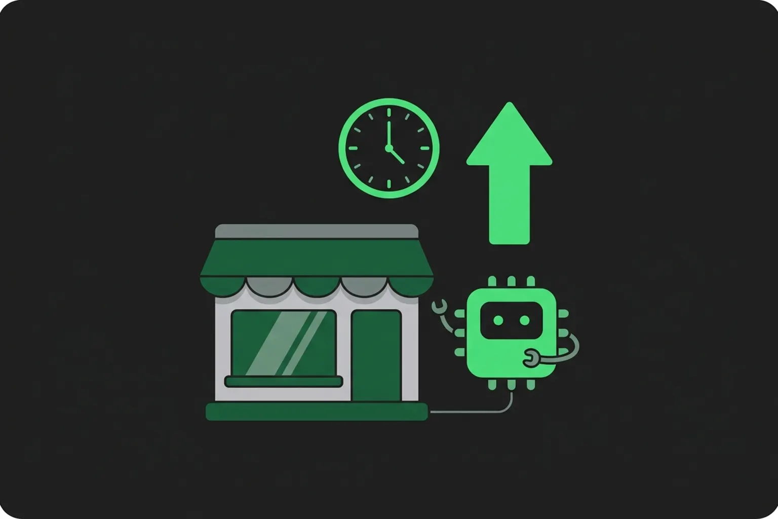 Illustration of a small business owner at a shop counter while an AI assistant replies to WhatsApp leads, drafts a quote, and answers repeat customer questions, 2026