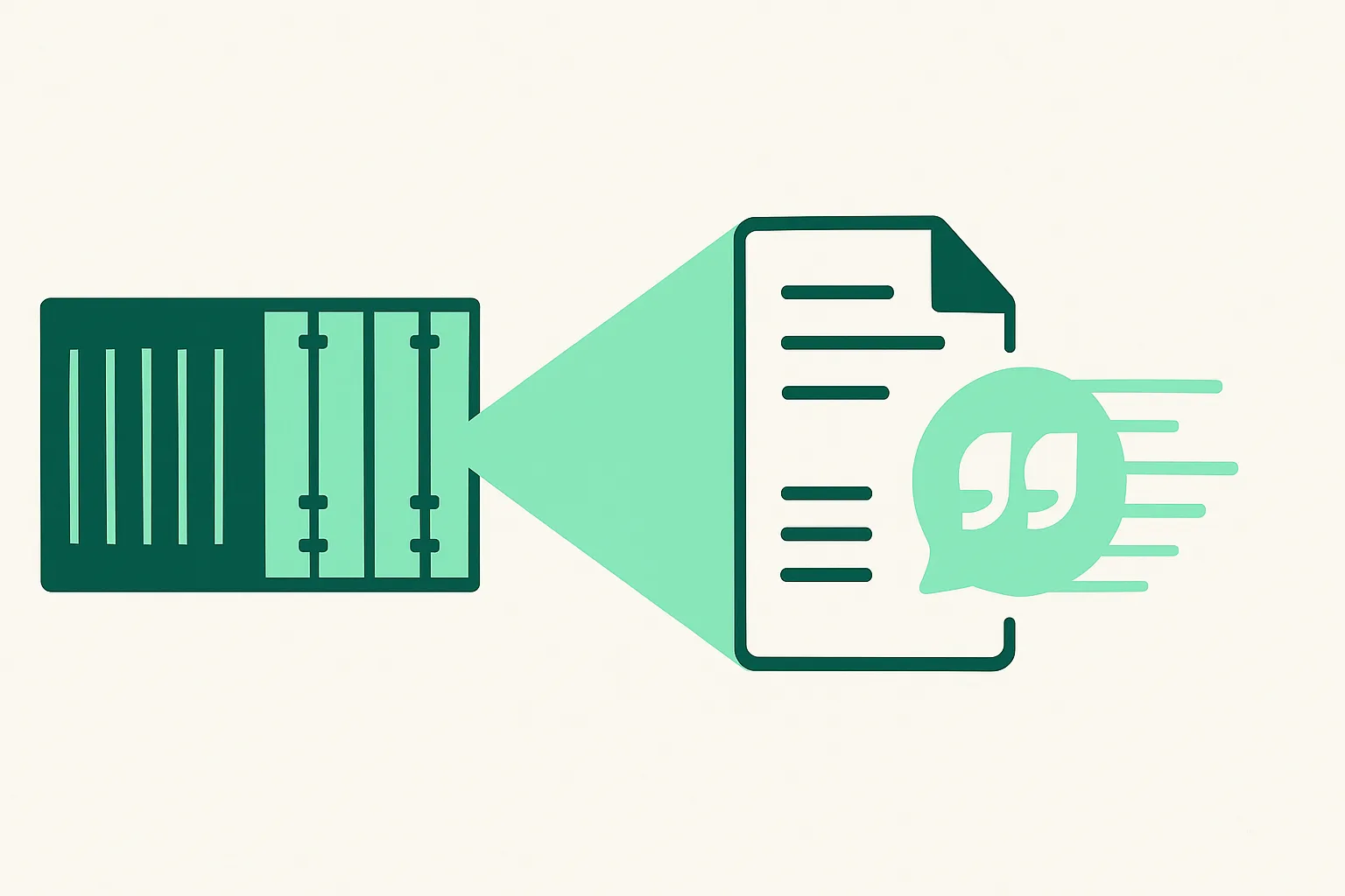 Illustration: a cargo shipping container and a document turning into a fast quote via an AI beam, freight forwarding theme