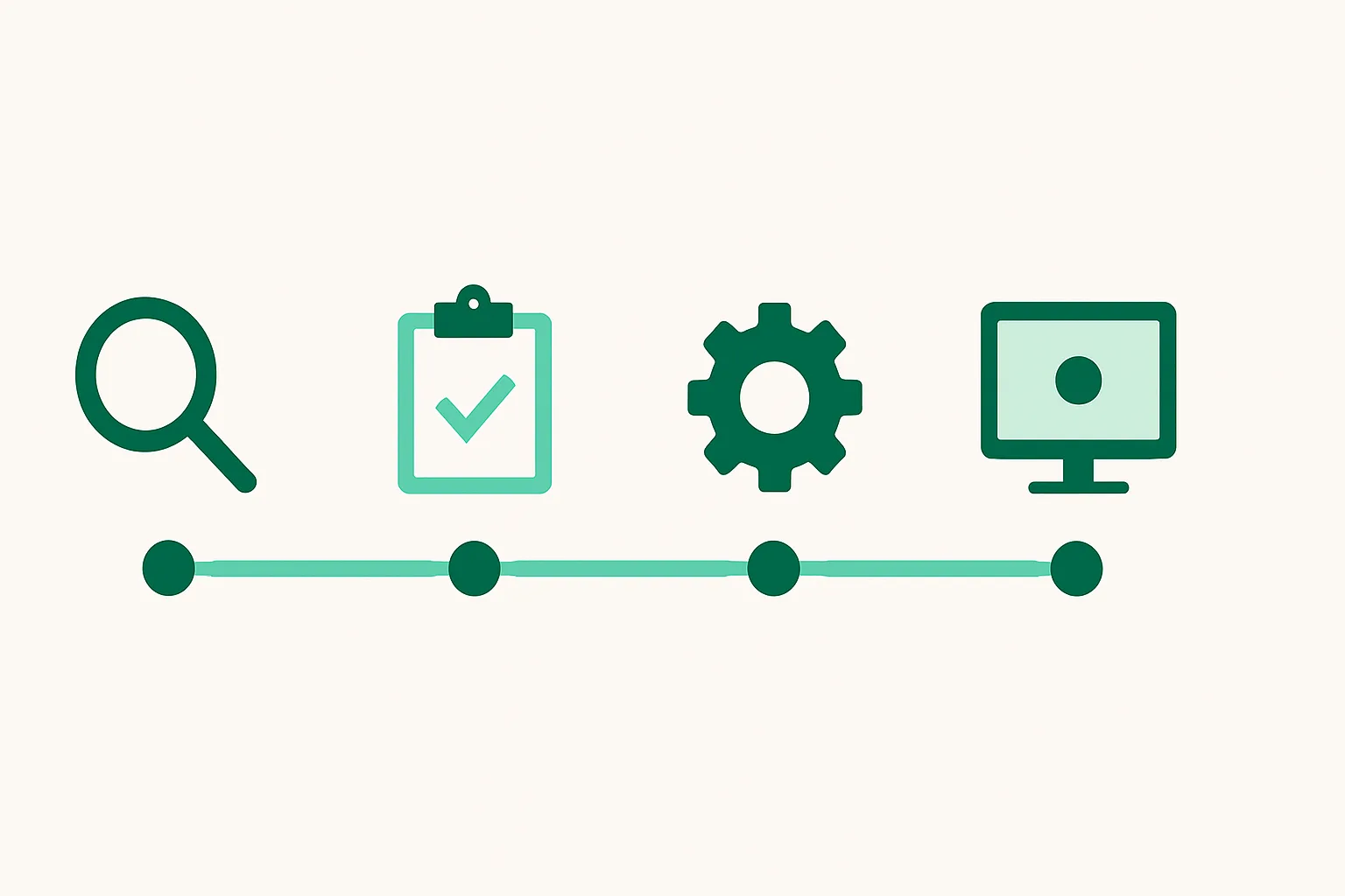 Illustration: a horizontal timeline with milestone dots progressing from scope to a live system, project timeline theme