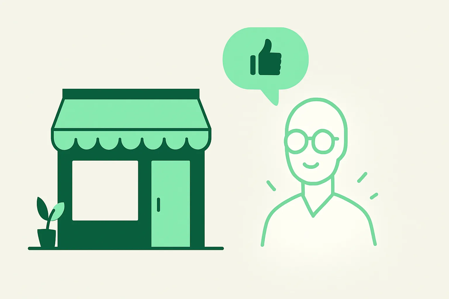 Illustration: a business storefront with a glowing AI assistant recommending it, representing AI as a discovery channel