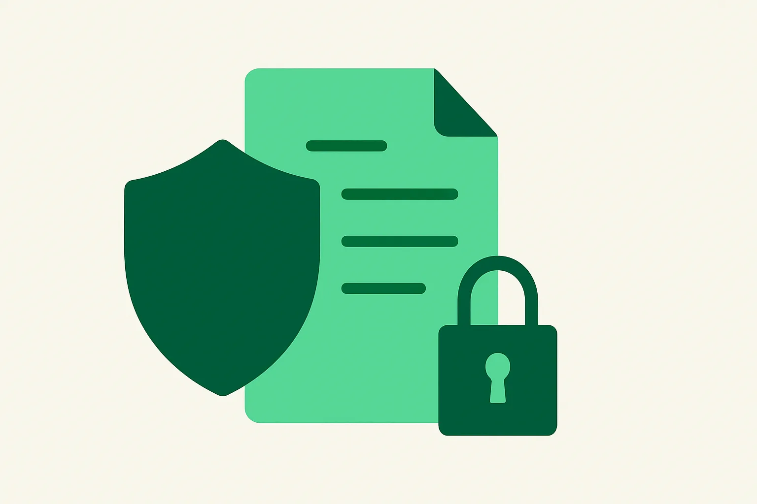 Illustration: a shield protecting a data document with a small lock, data privacy and compliance theme