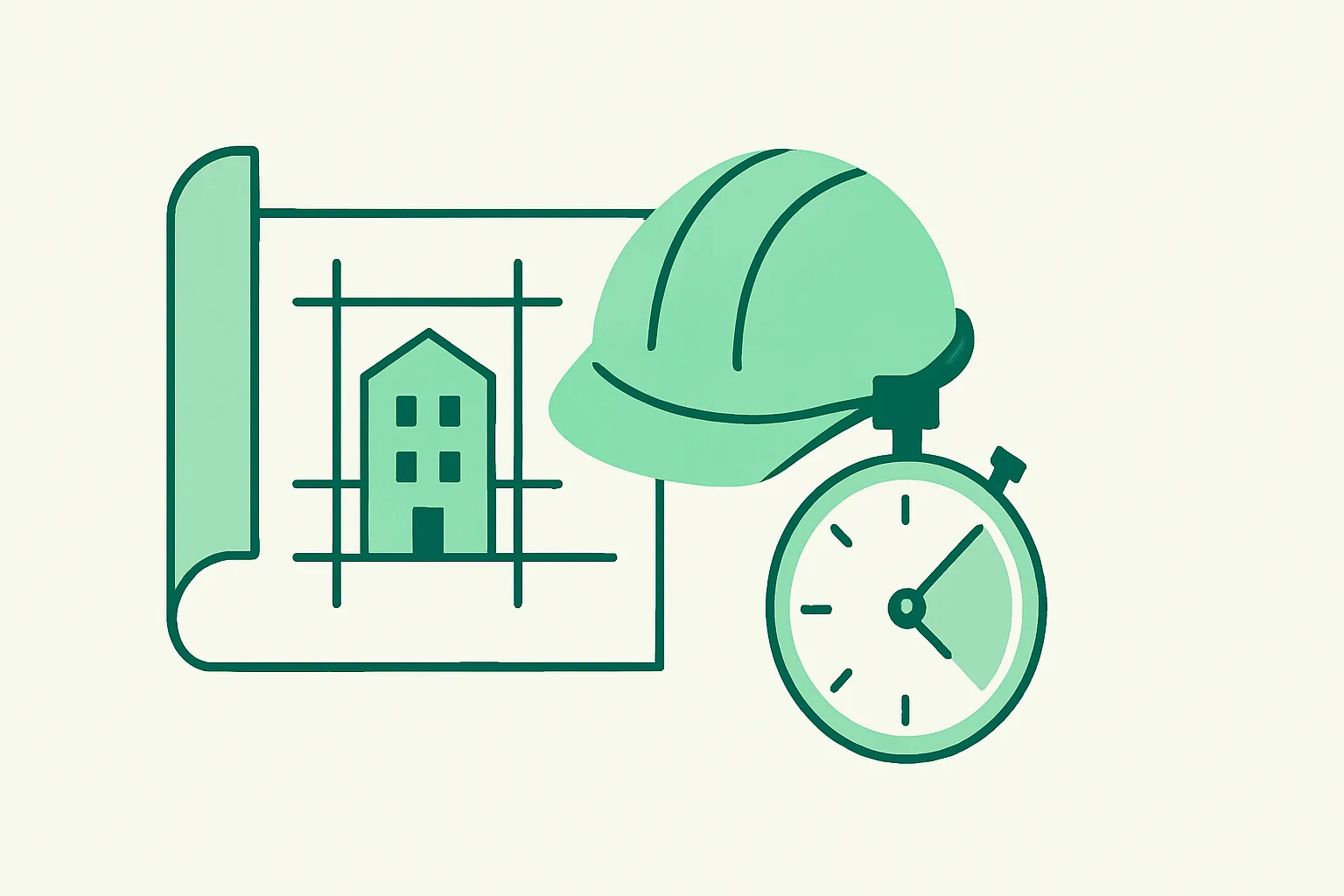 Illustration: a construction blueprint and hard hat with a stopwatch turning hours into minutes for a quote