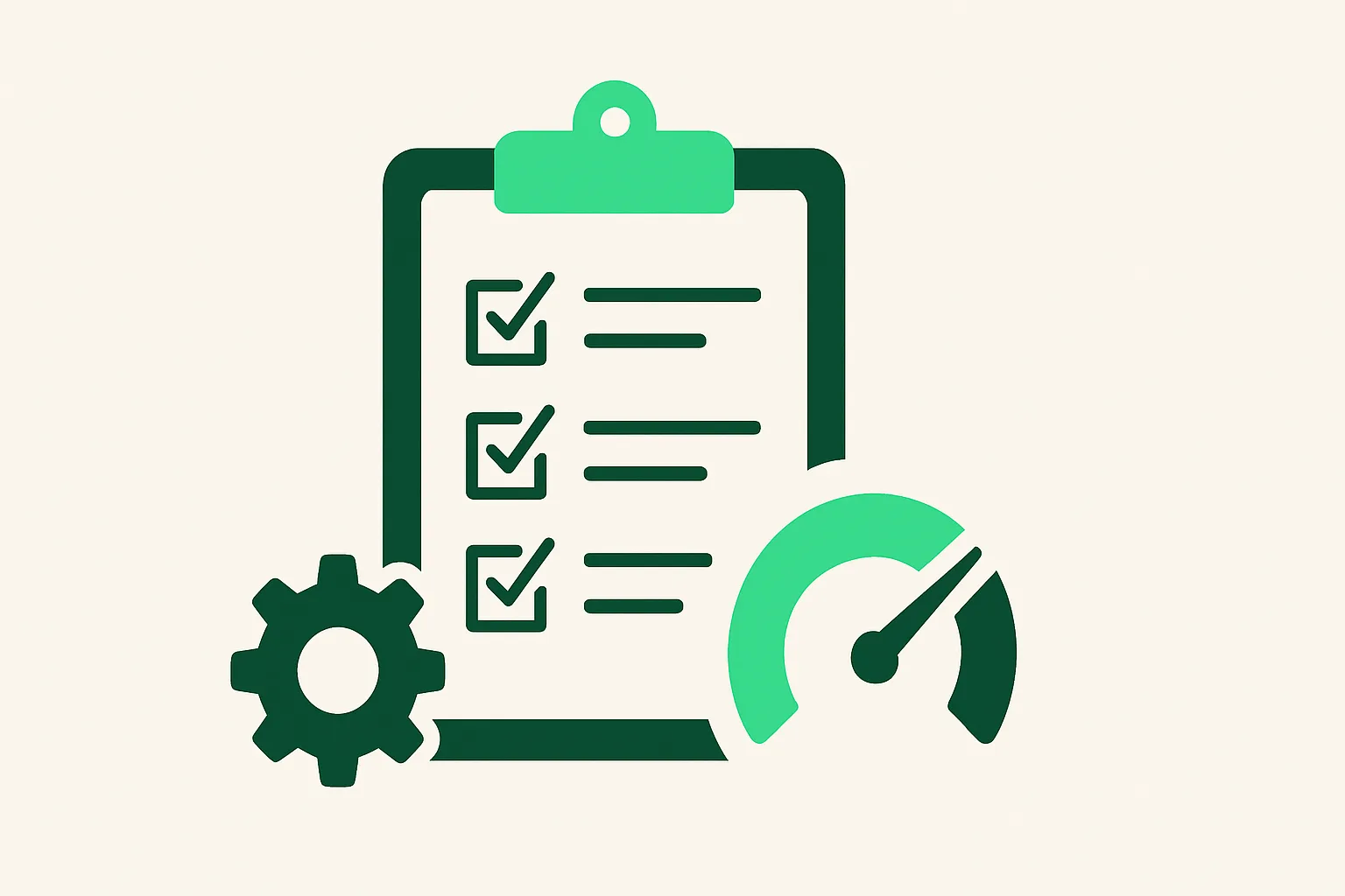 Illustration: a clipboard checklist with an operations gear and a green readiness gauge