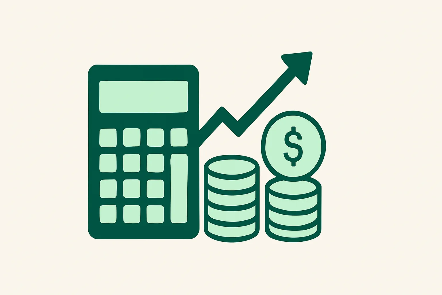 Illustration: a calculator with a rising return-on-investment arrow and coin stack, ROI measurement theme