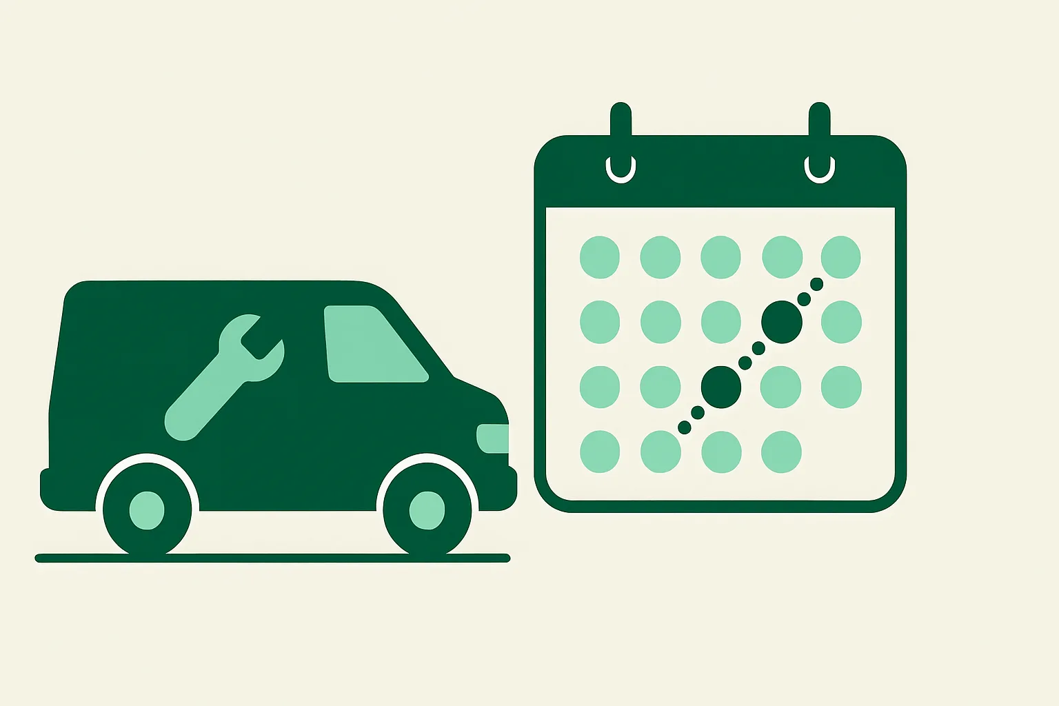 Illustration: a home-services van and a calendar with automated dispatch dots, scheduling theme