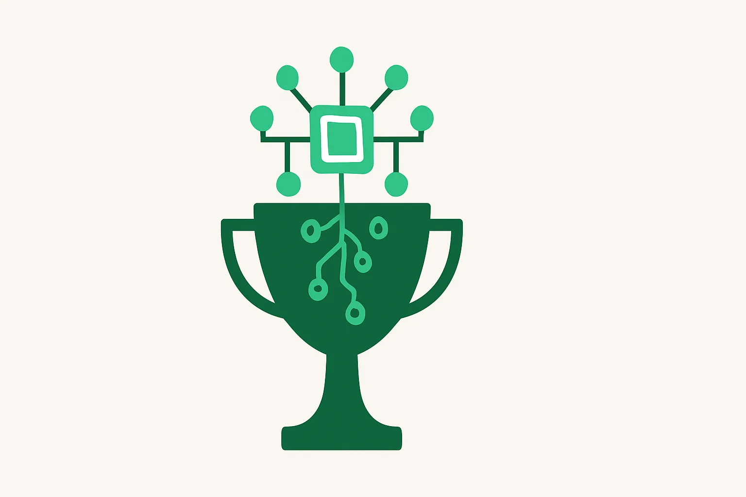 Illustration: an abstract robust AI system diagram inside a trophy shape, best AI systems company theme