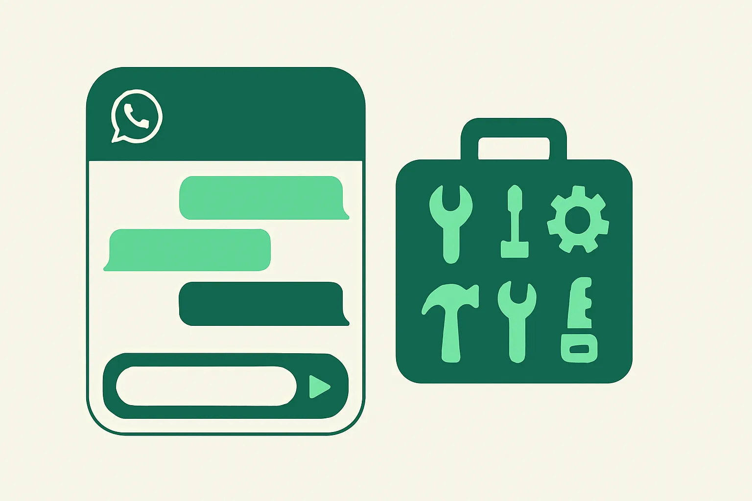 Illustration: a WhatsApp-style chat interface with a toolbox of small tool icons, best WhatsApp AI tools theme