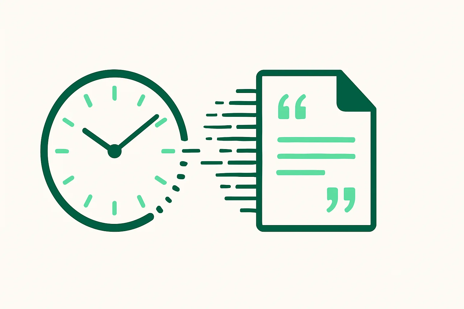 Illustration: a clock face transforming from hours to minutes beside a quote document, speed theme