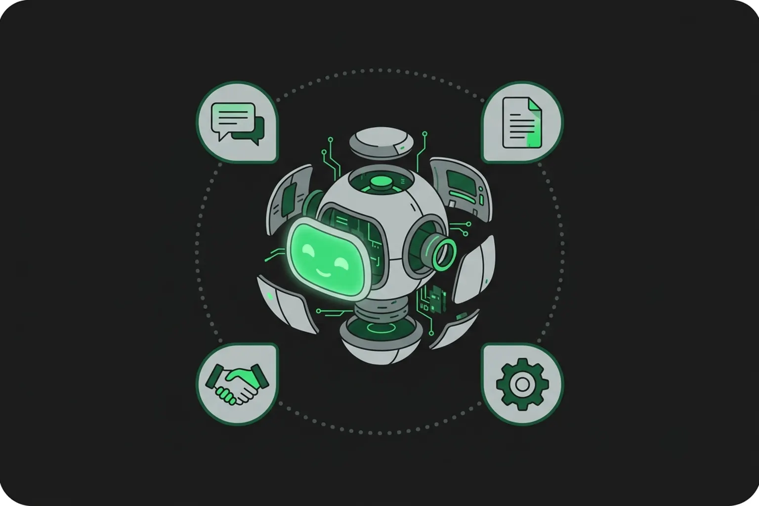 Flat illustration of an AI agent loop connecting a customer WhatsApp message, a product catalogue, business rules, and a human handoff