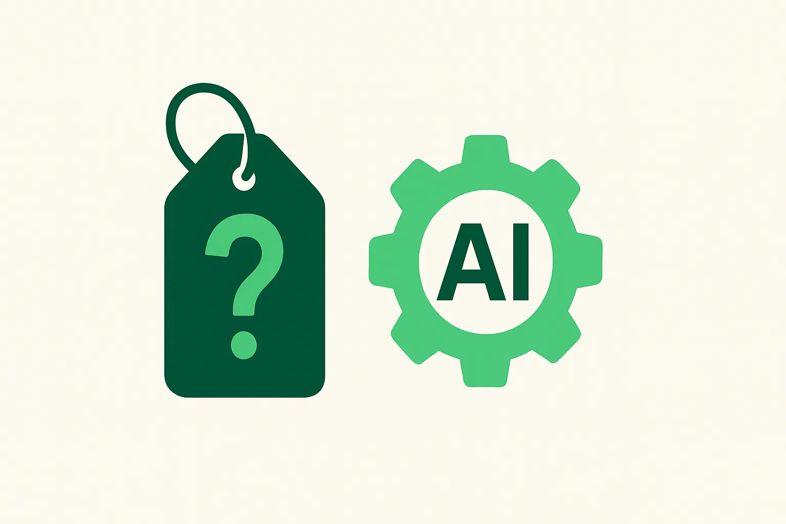 Illustration: a question mark over a price tag beside a custom AI gear, custom AI cost theme