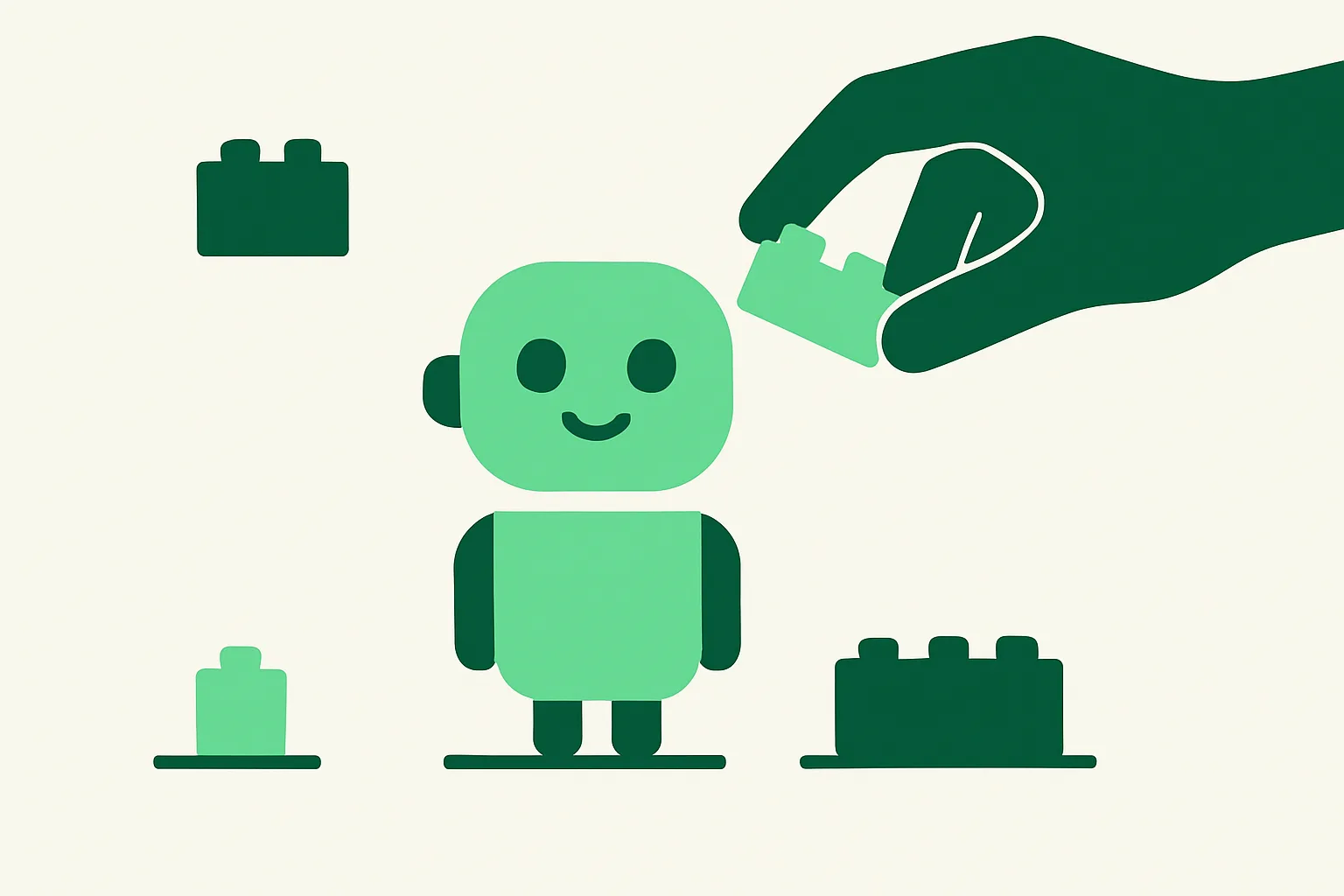 Illustration: building blocks assembling into a small friendly AI agent figure, no-code build theme