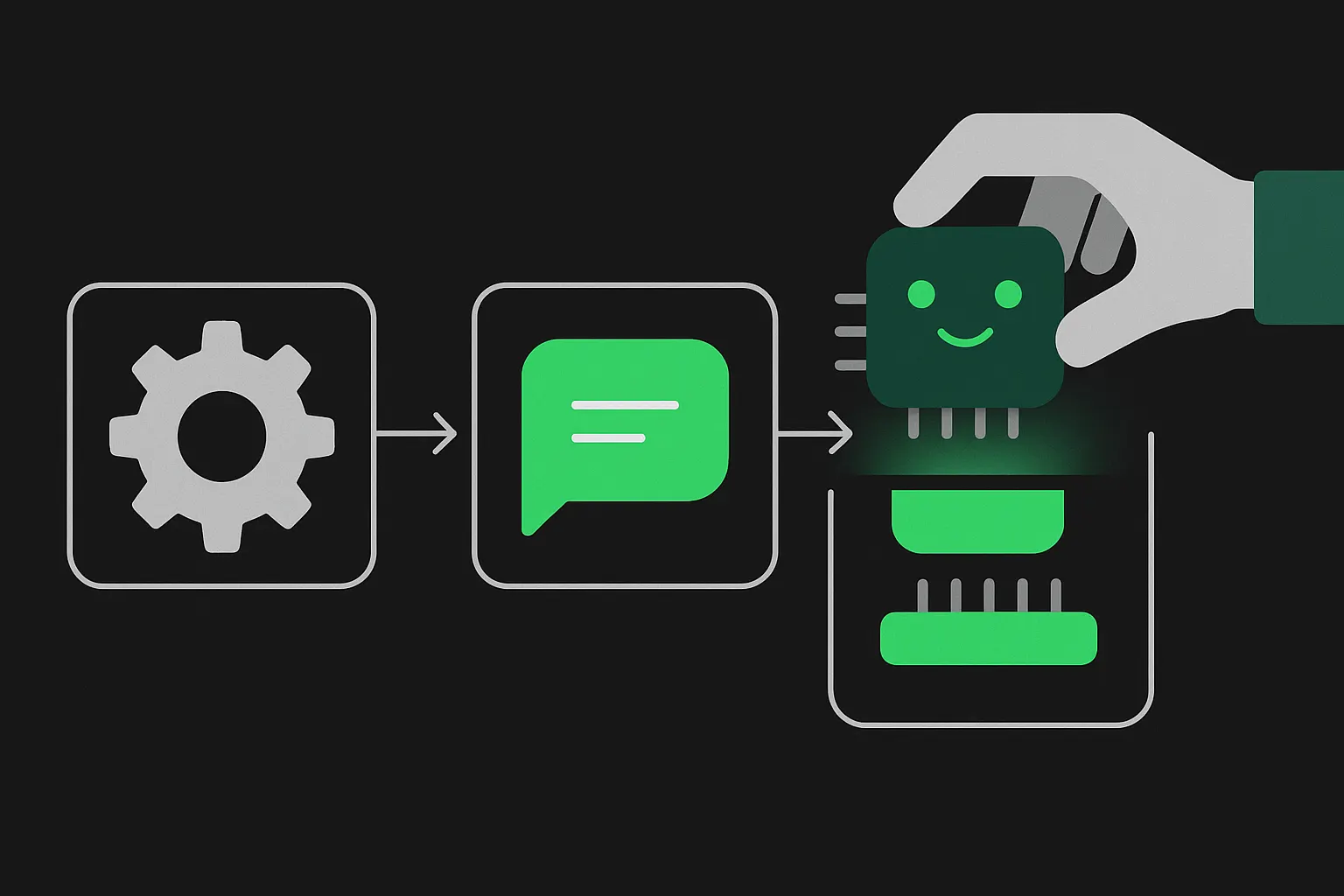Flat illustration of the six stages of creating an AI agent for a business, from price list and business data through prompt and guardrails to a live WhatsApp agent