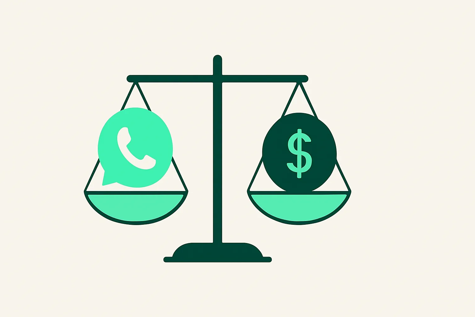 Illustration: a balance scale weighing a WhatsApp chat bubble against a coin, worth-it theme