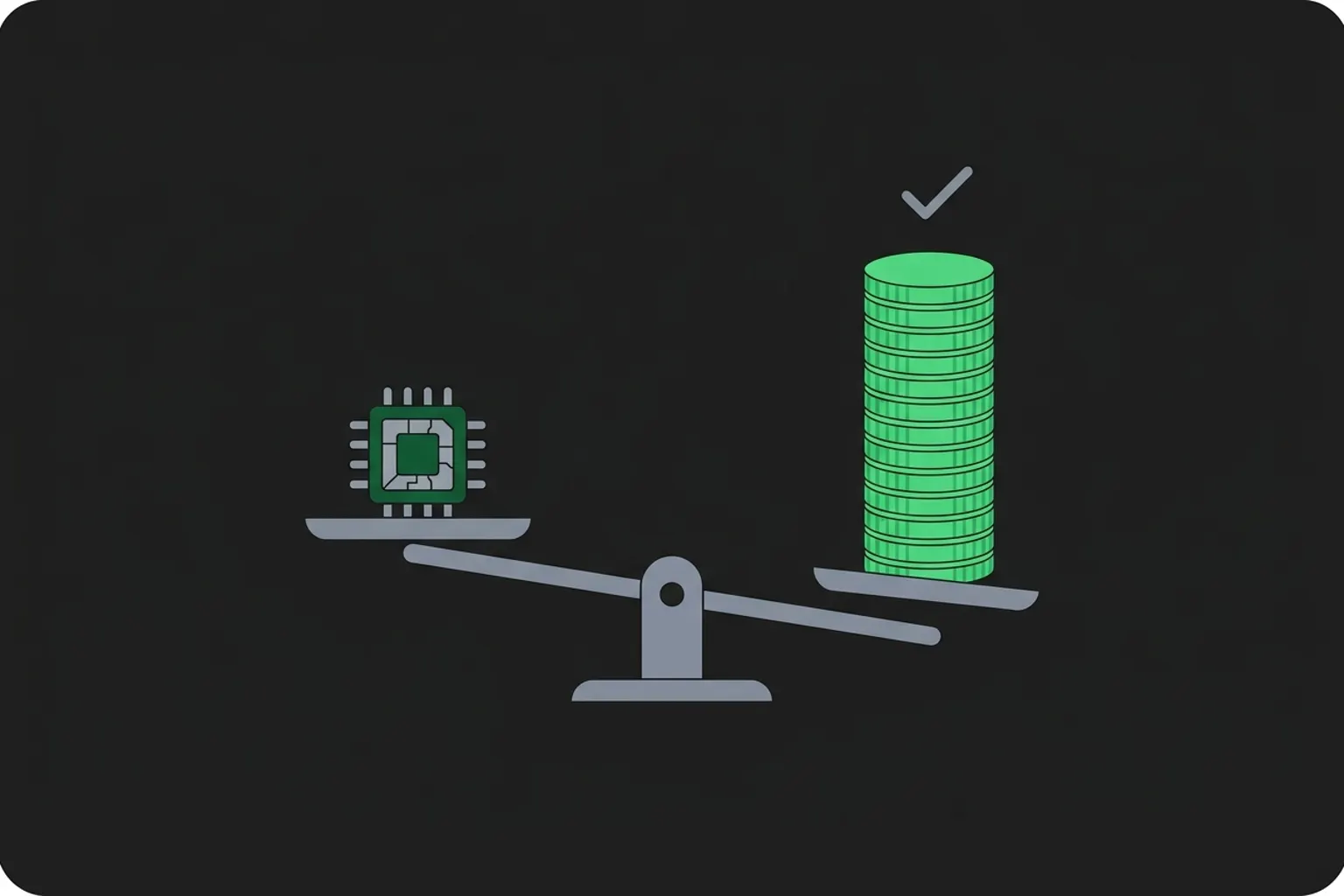 Flat illustration of a balance scale weighing a small monthly AI cost against a taller stack of recovered revenue, asking whether AI is profitable for a business