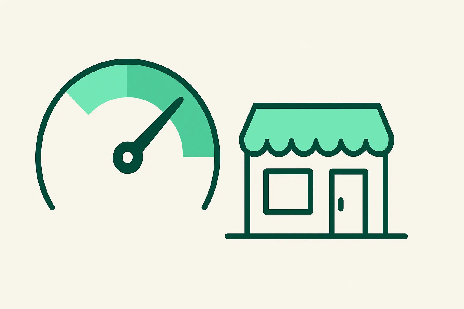 Illustration: a readiness gauge pointing toward green beside a small business building, AI readiness theme
