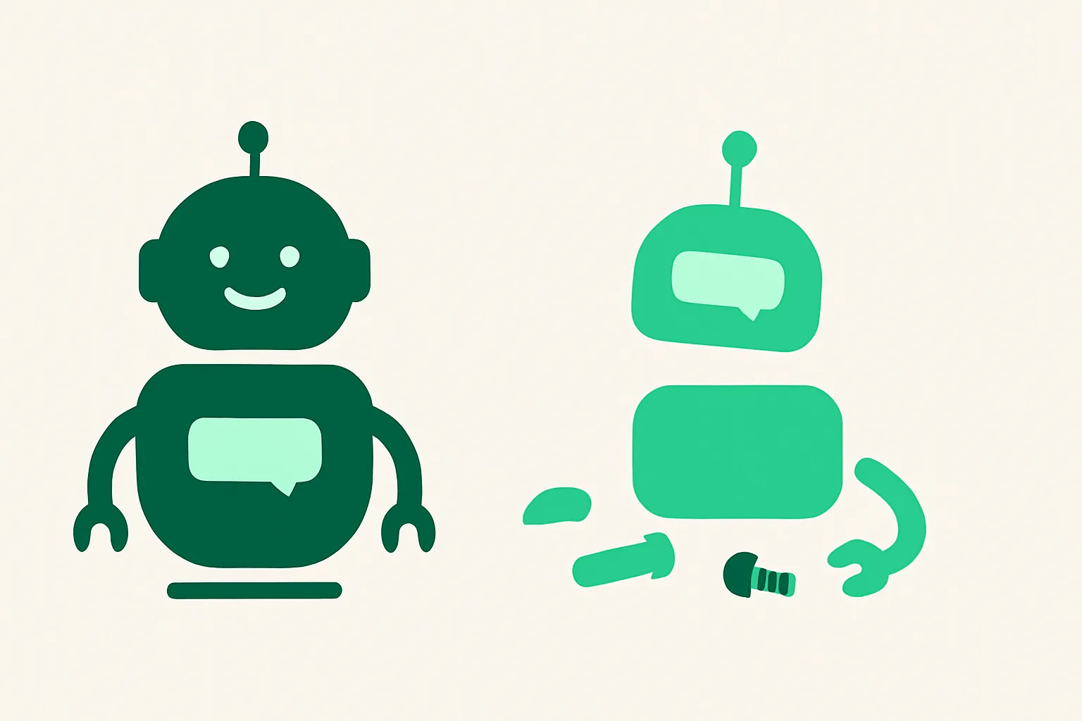 Illustration: a fully-managed polished chat agent versus a half-assembled DIY chatbot with loose parts