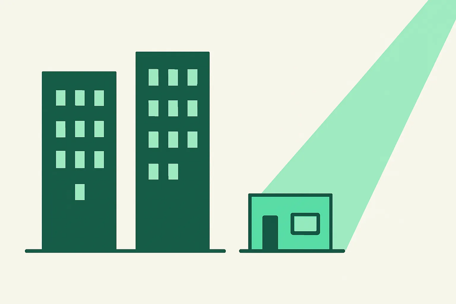 Illustration: two large corporate towers beside one nimble small studio building with a spotlight choosing, firm comparison