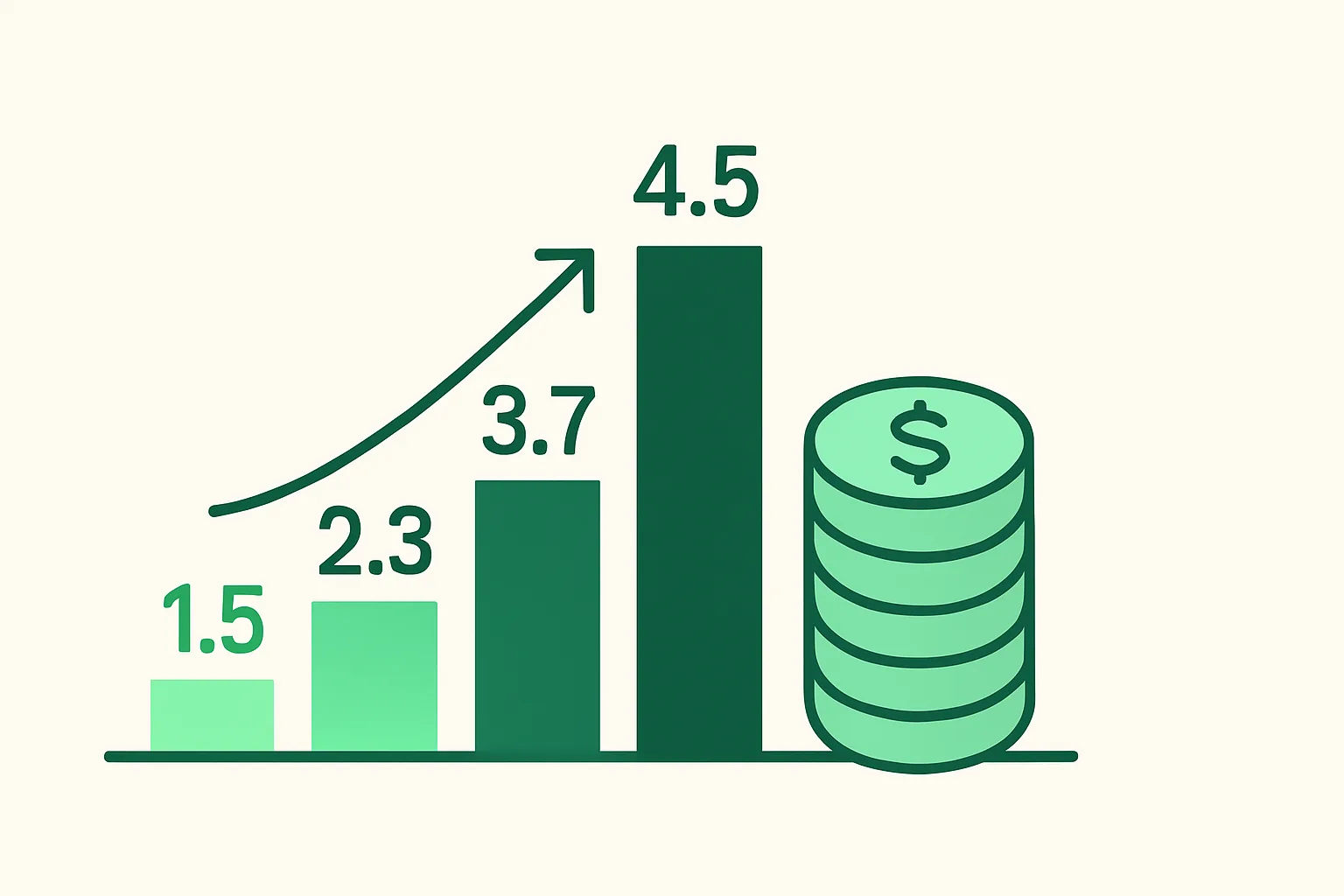 Illustration: a bar chart climbing upward with real number tags and a coin stack, ROI real numbers theme