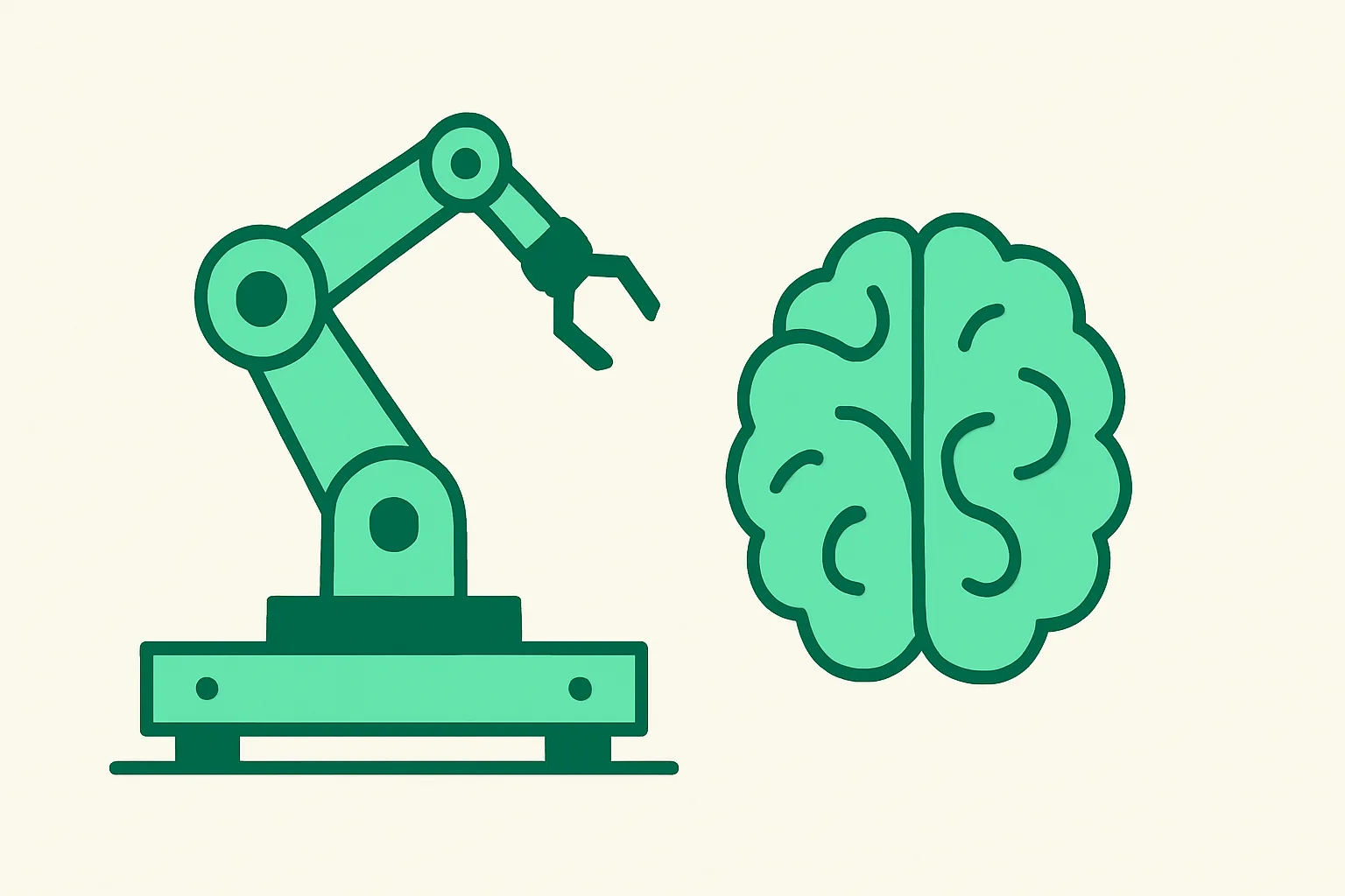 Illustration: a rigid robotic arm on rails versus a flexible thinking AI brain, RPA vs AI theme