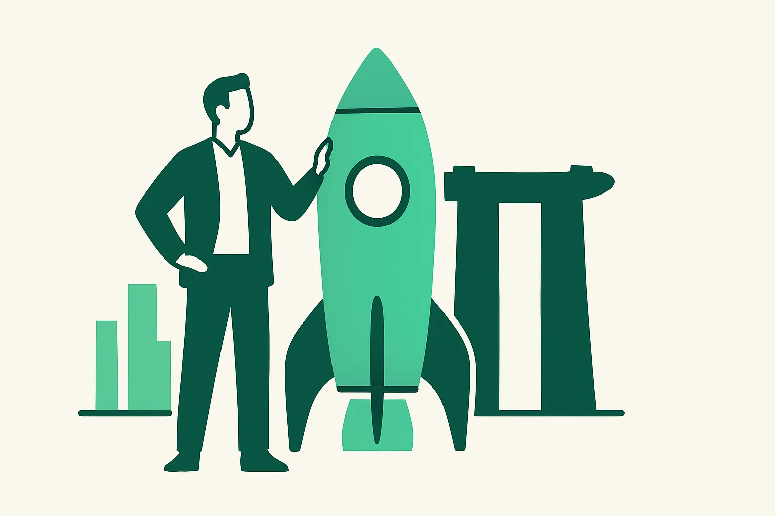 Illustration: a founder figure with a rocket and a Singapore skyline gateway, SaaS market entry theme