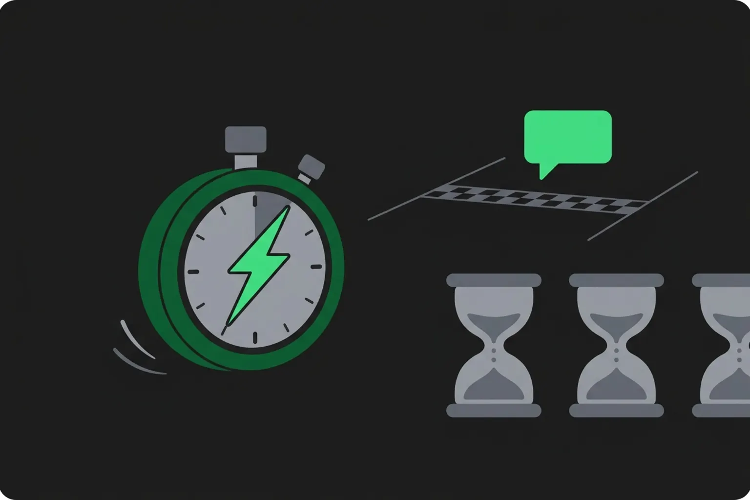 Stopwatch beside a WhatsApp chat where a new customer enquiry gets a full answer in under two minutes, while yesterday's enquiry to a competitor sits unanswered