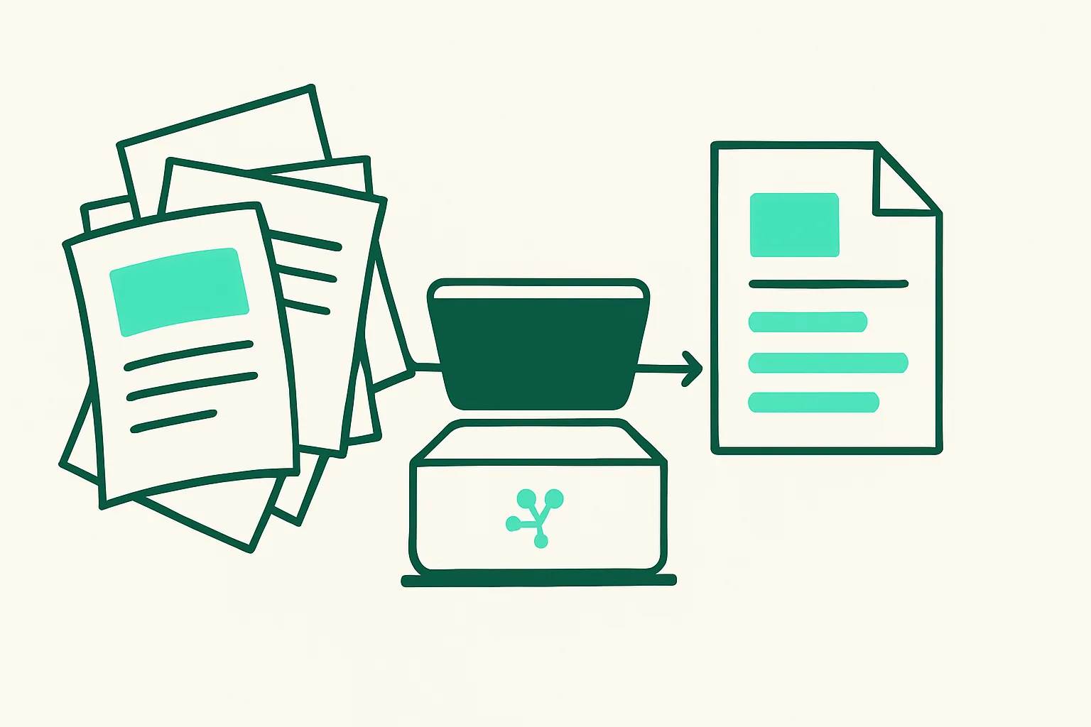 Illustration: a stack of messy documents flowing into an AI scanner and out as clean structured data