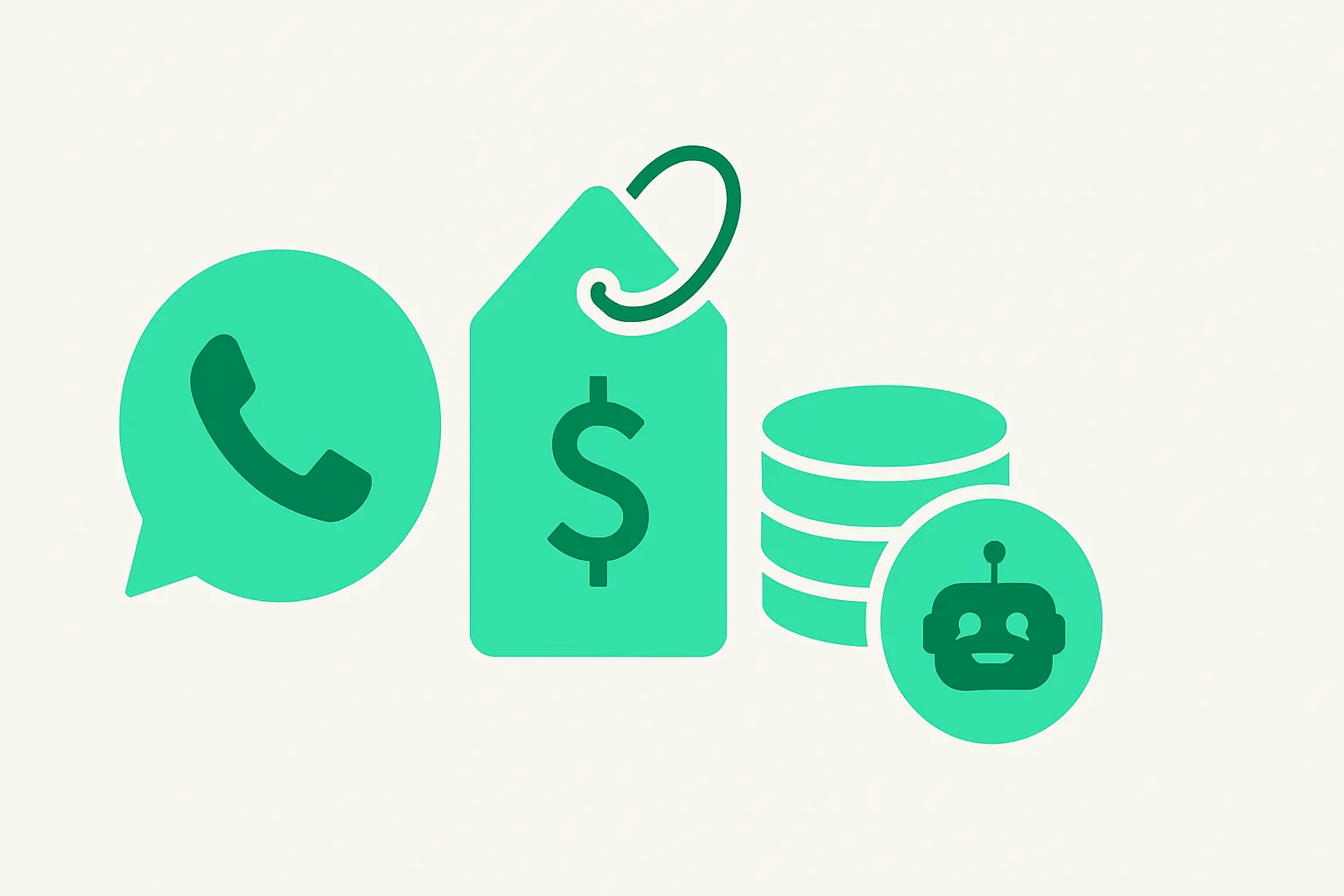 Illustration: a WhatsApp chat bubble beside a price tag and coins, chatbot cost breakdown theme