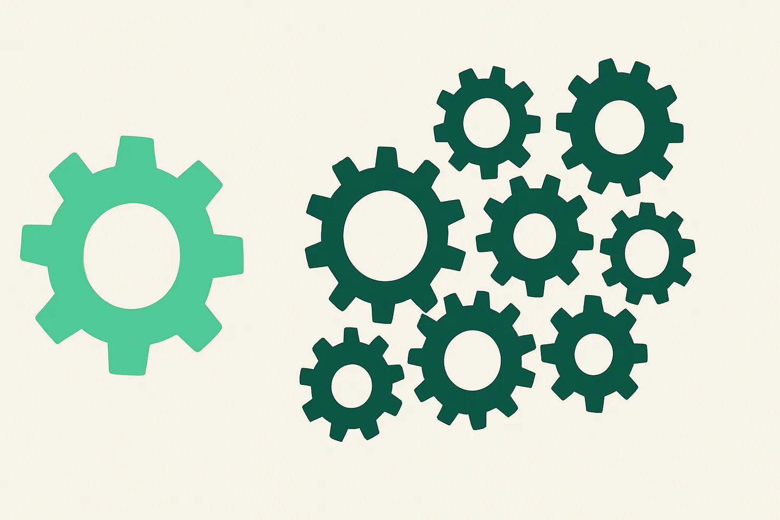 Illustration: a generic one-size gear failing to fit a complex machine of many unique gears, generic AI failure theme