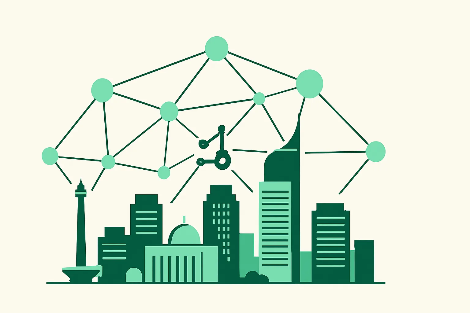 AI automation for businesses in Indonesia — Jakarta's city skyline with a connected AI network
