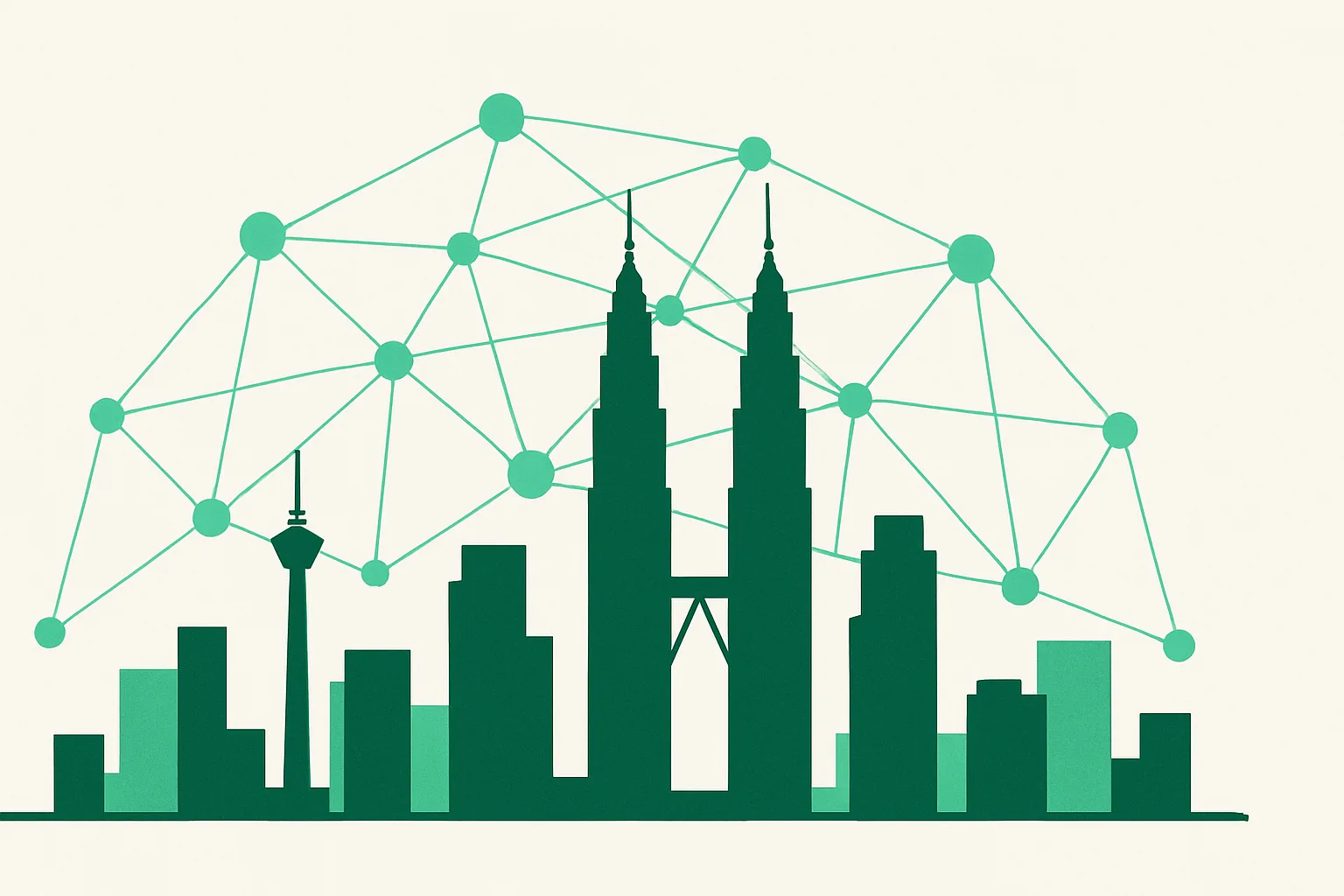AI automation for businesses in Malaysia — Kuala Lumpur's skyline with the Petronas Towers with a connected AI network